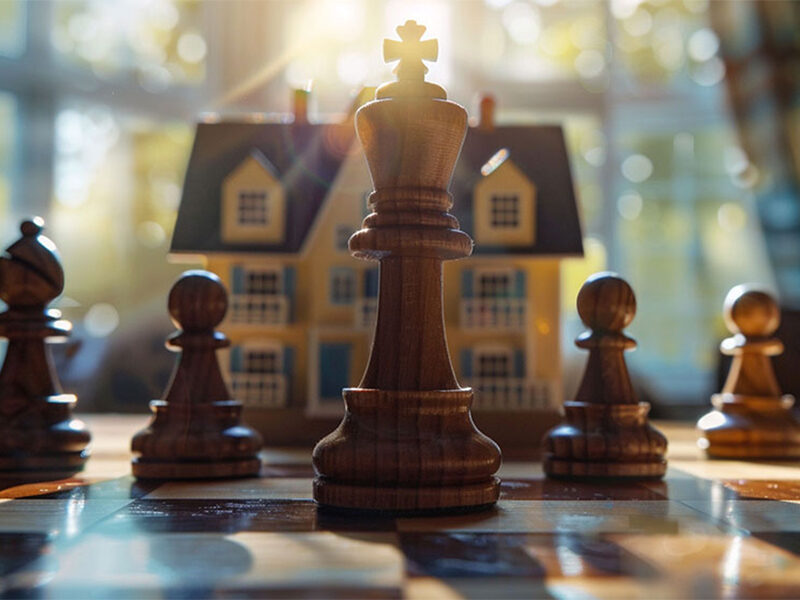 Chess board highlighting queen with a house in the background