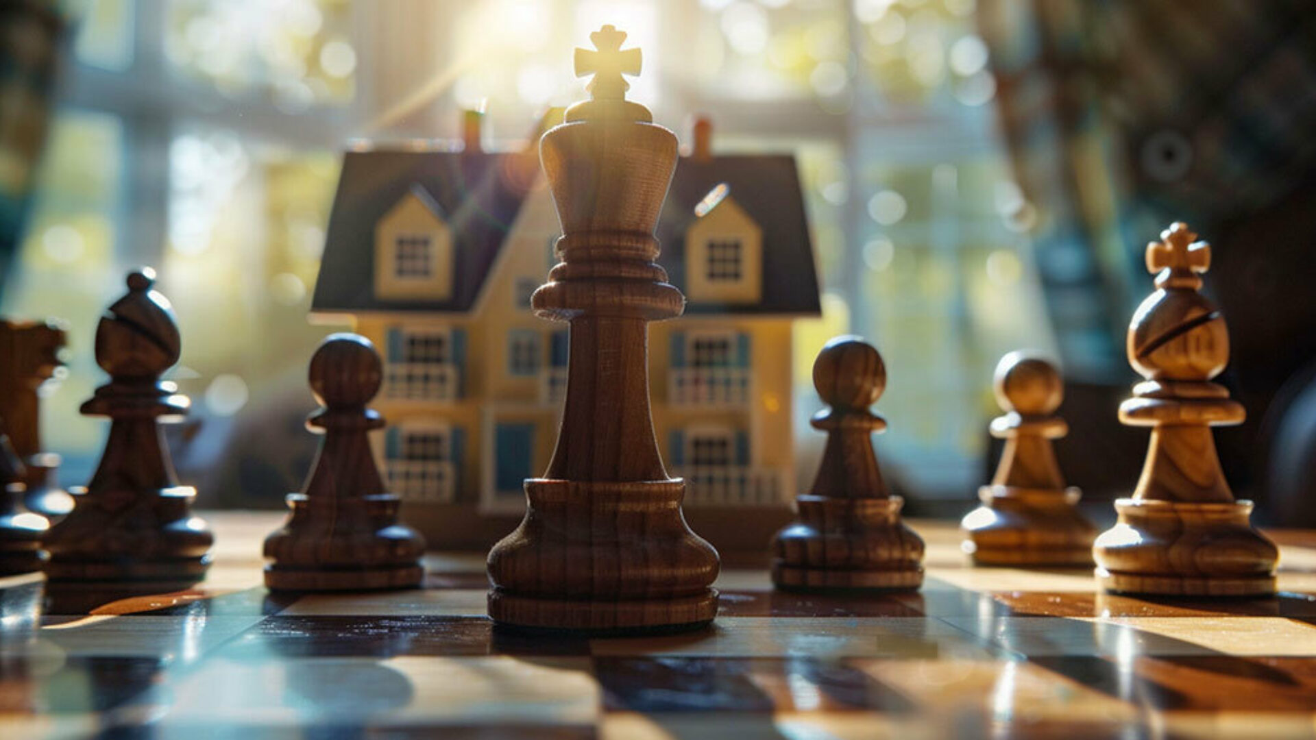 queen highlighted on a chess board with a house in the background