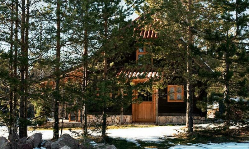 Luxury wood cottage in snowy forest.