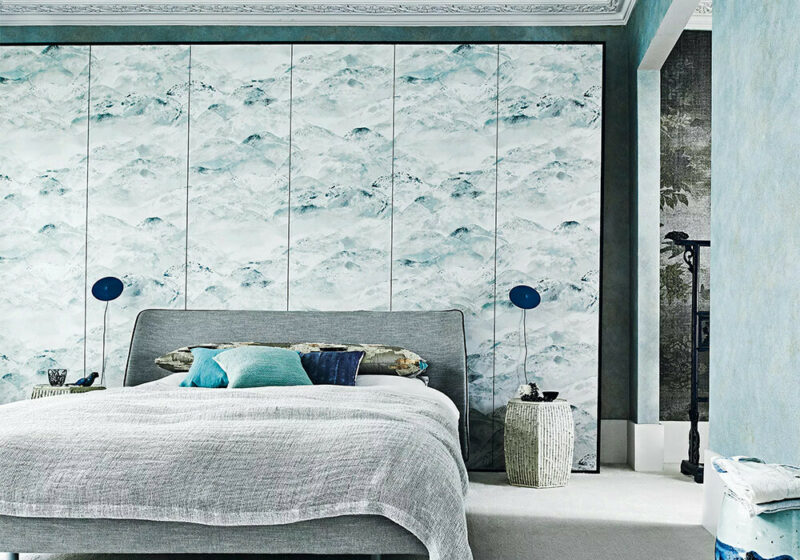 Trendy bedroom with teal color scheme