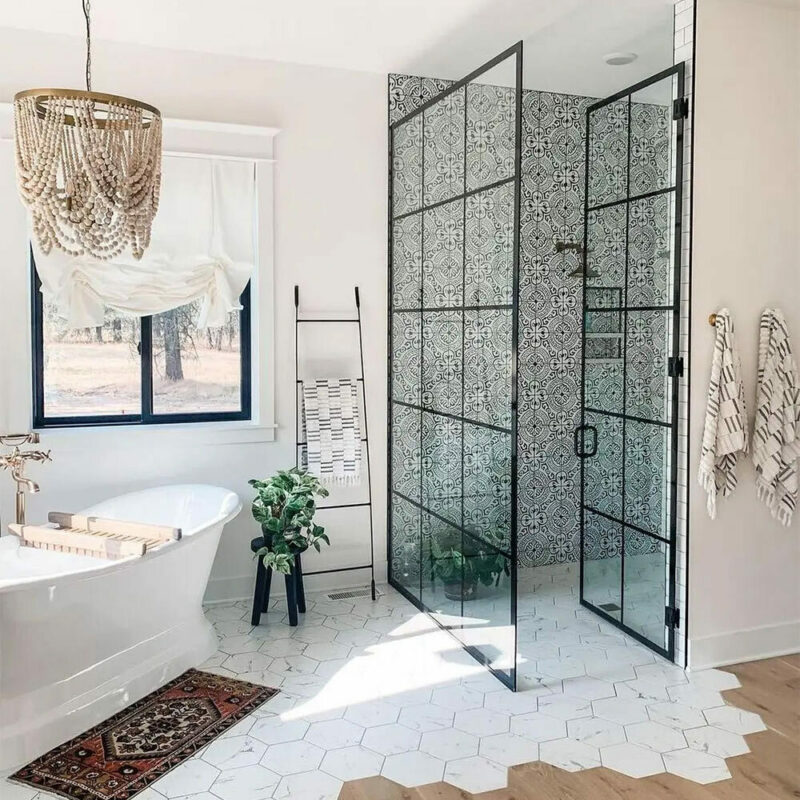 modern bathroom with tile patterns and large walk-in shower
