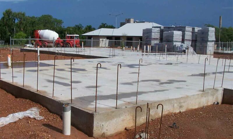 Concrete slab with rebar placed for a new home construction.