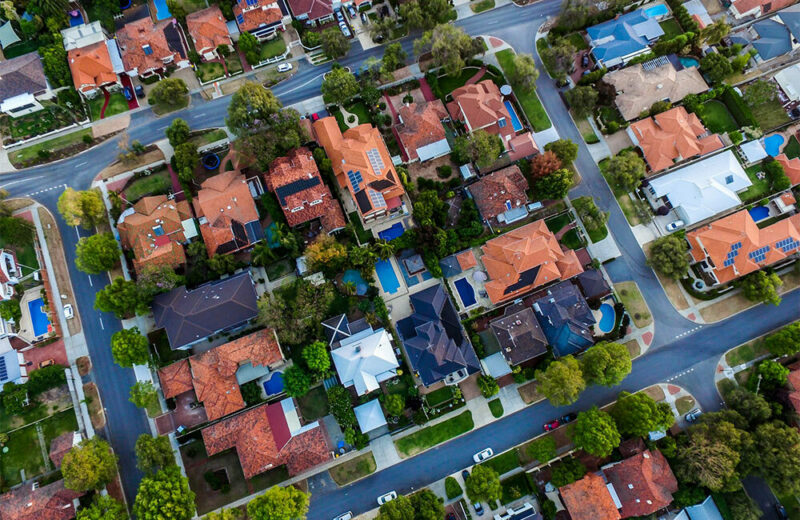 another aerial shot of neighborhood roofs