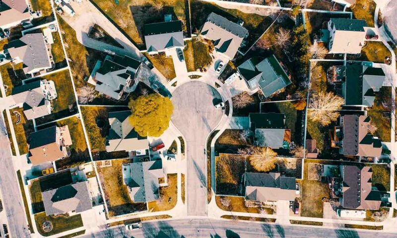 Arial view of a cul-de-sac in fall.