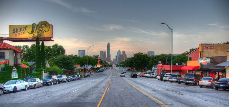 view of Austin skyline from South Congress Street