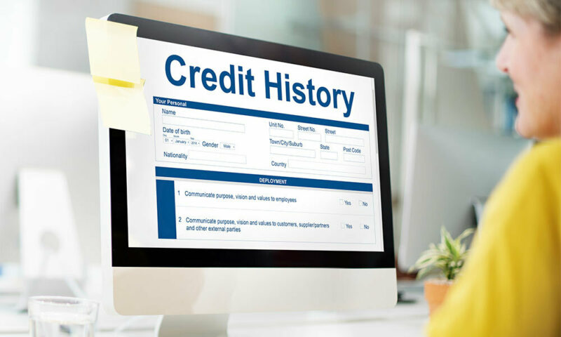 woman visiting a credit history website on an iMac desktop
