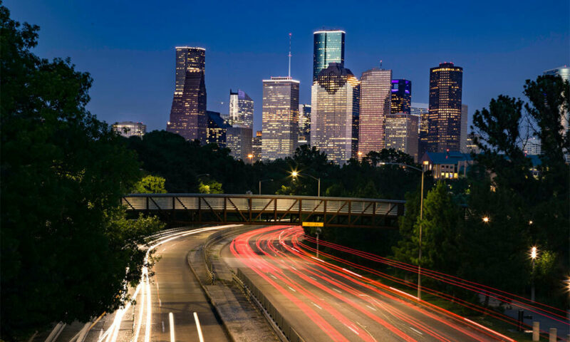 street view Houston skyline at night